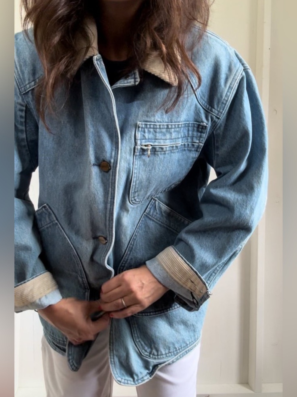 L.L. Bean Light Blue Denim Jacket with Cream Sherpa Collar - Picture 12 of 15